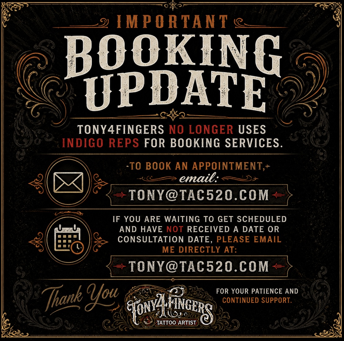 Important booking update: Tony4Fingers no longer uses Indigo Reps. Email tony@tac520.com to book.